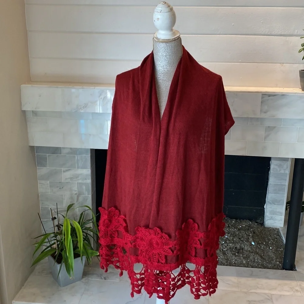 Red Knit Scarf with Crocheted Detail